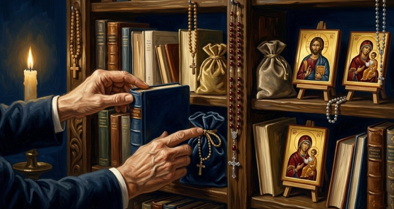 Sklep e-religijne.pl — dewocjonalia, ikony i książki religijne na drewnianej półce, ilustracja olejna